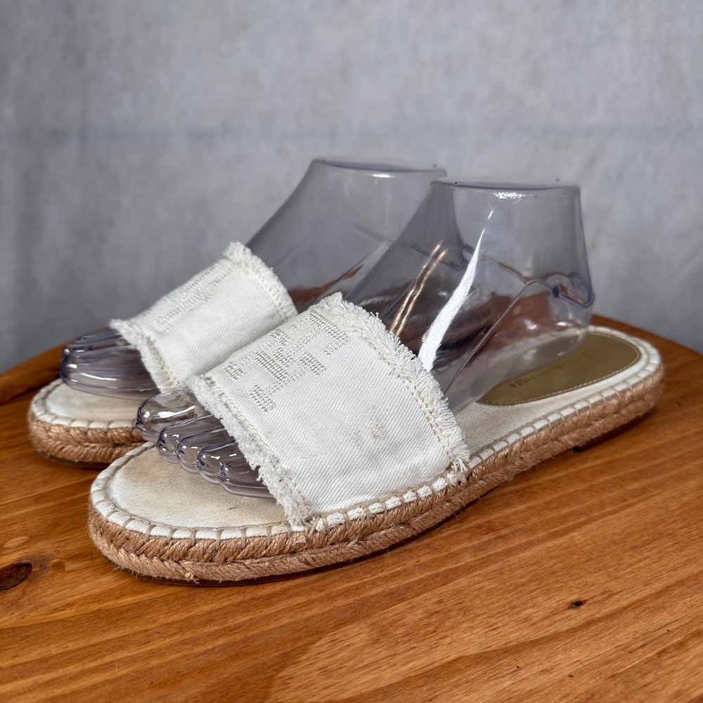 Tommy Hilfiger Ecru Denim Flat Sandal Womens 9.5 White Good Frayed Espadrille